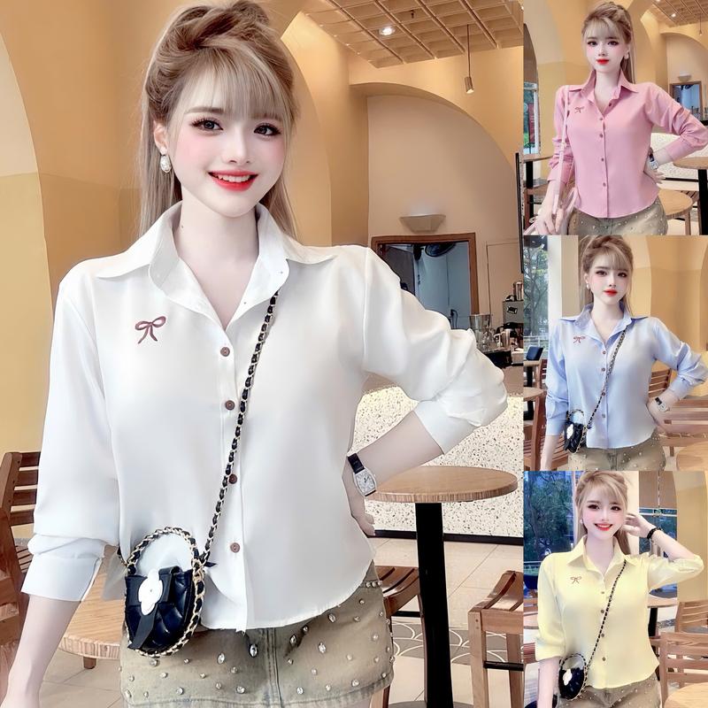 Áo sơ mi nữ form rộng bigsize thêu nơ tay dày dáng lửng màu pastel nhiều