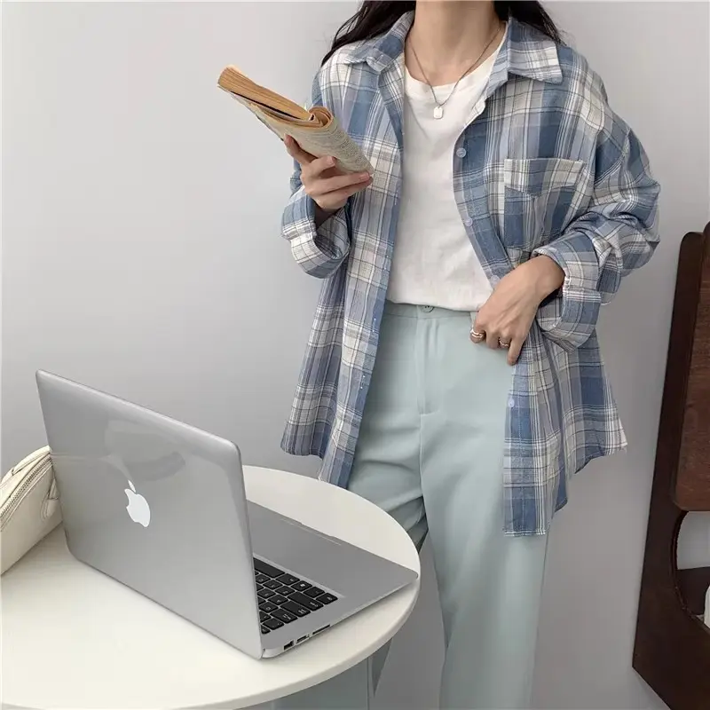 Kemeja Kotak-kotak Biru / Kemeja Wanita Lengan Panjang korean style Atasan Linen Casual Oversize 5