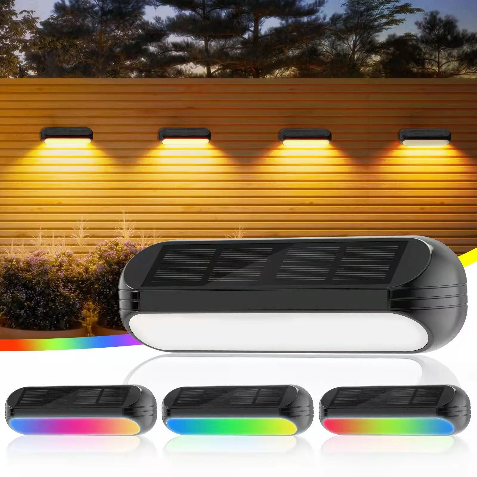 Solar Powered Outdoor Light, Bright Fence Light with RGB Color Changing & Warm White Mode, Outdoor Waterproof Step Light for Garden Deck Post Stair Yard