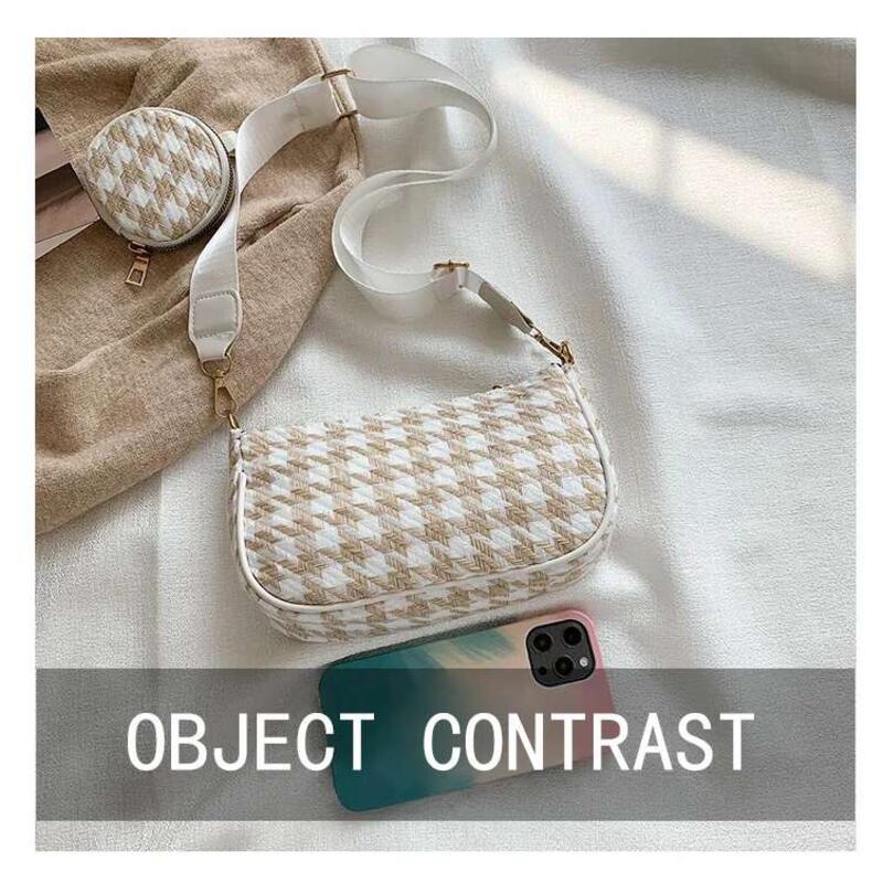 Product Introduction of Female Vintage Plaid Printing Shoulder with Mini Round Purse Pendant Women Casual Small Crossbody Bags 2pcs Composite 6