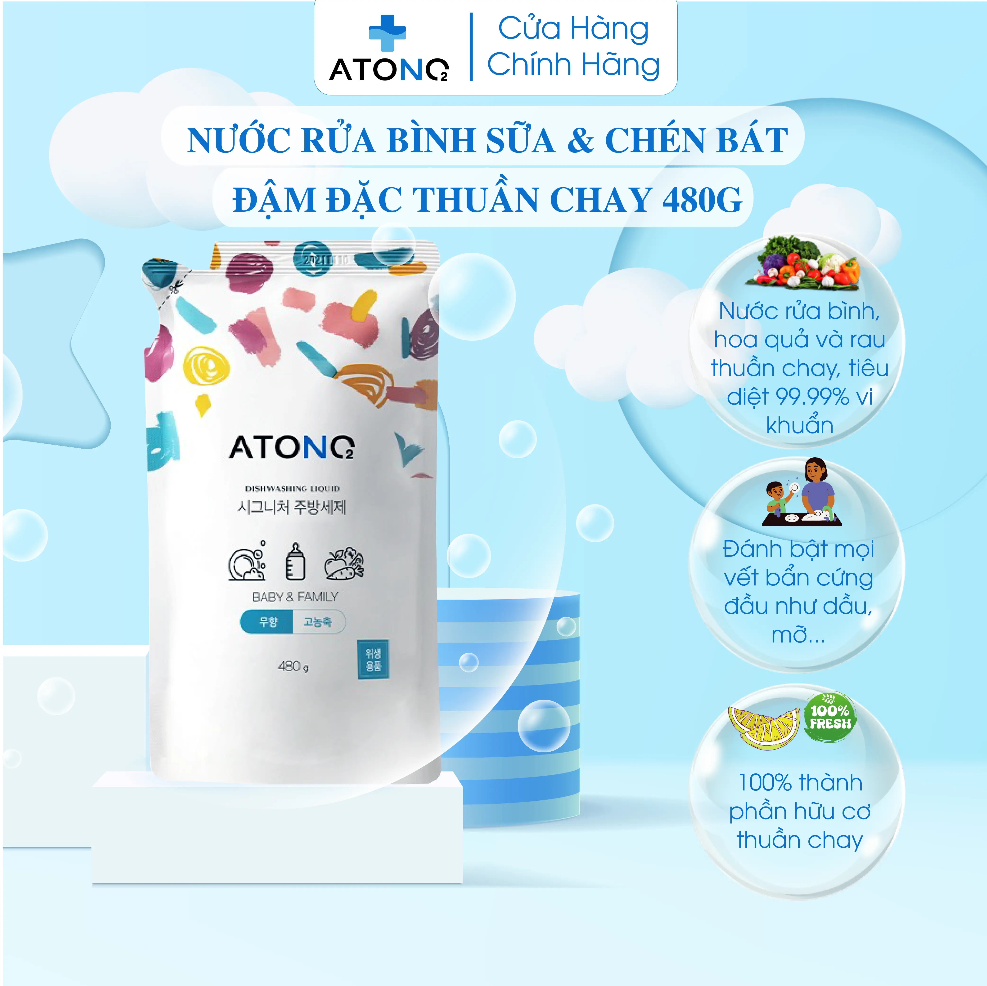 Nước rửa bình sữa & chén bát, rau củ đậm đặc thuần chay Atono2 Hàn Quốc ( Dạng túi)