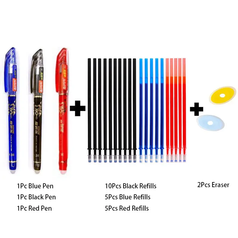 3 Pens + 20 refills + 2 erasers set 0.5mm Erasable Gel Pen blue ...