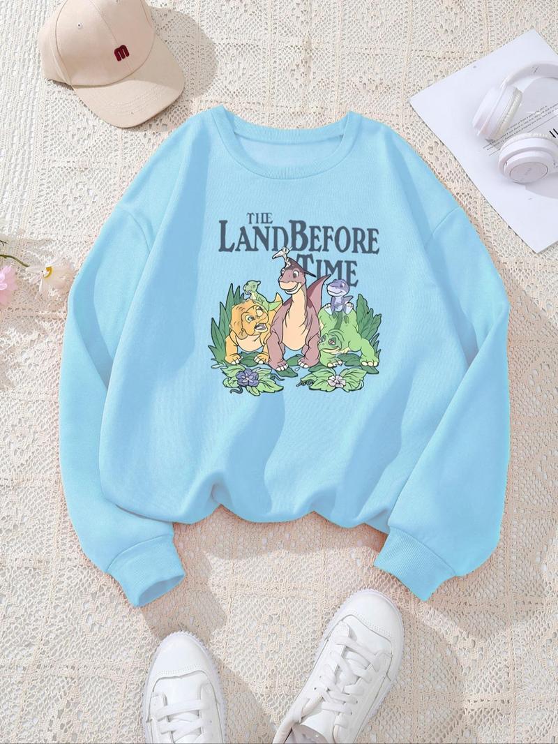 Product Introduction of Women's Cartoon Dinosaur Print Round Neck Sweatshirt, Fashion Casual Crew Neck Long Sleeve Pullover for Daily Wear, Ladies Fall & Winter Clothes 5