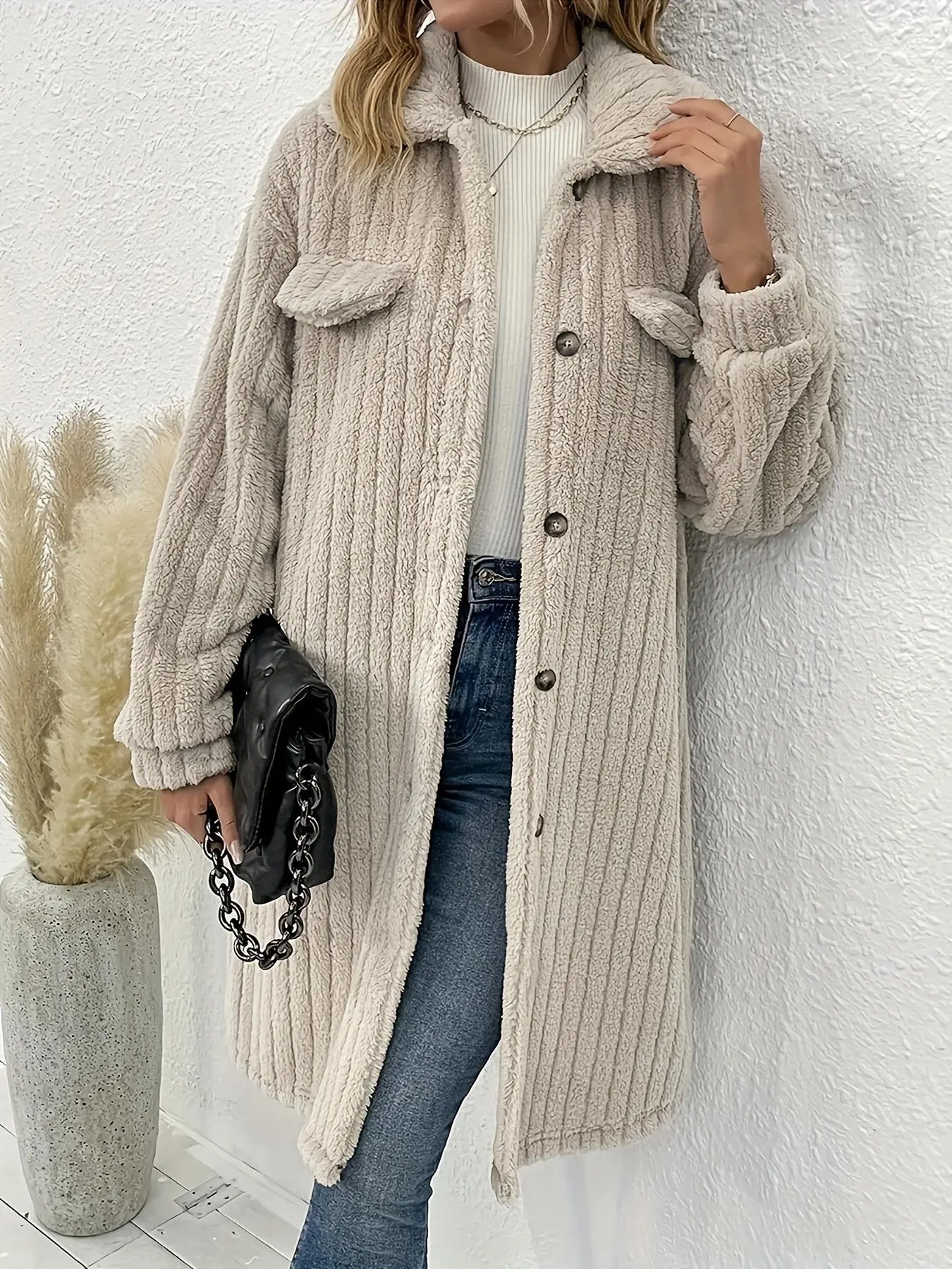 Women's Plain Drop Shoulder Button Front Coat, Casual Long Sleeve Flap Detail Collar Outerwear For Fall & Winter, Women's Clothing For Daily Wear