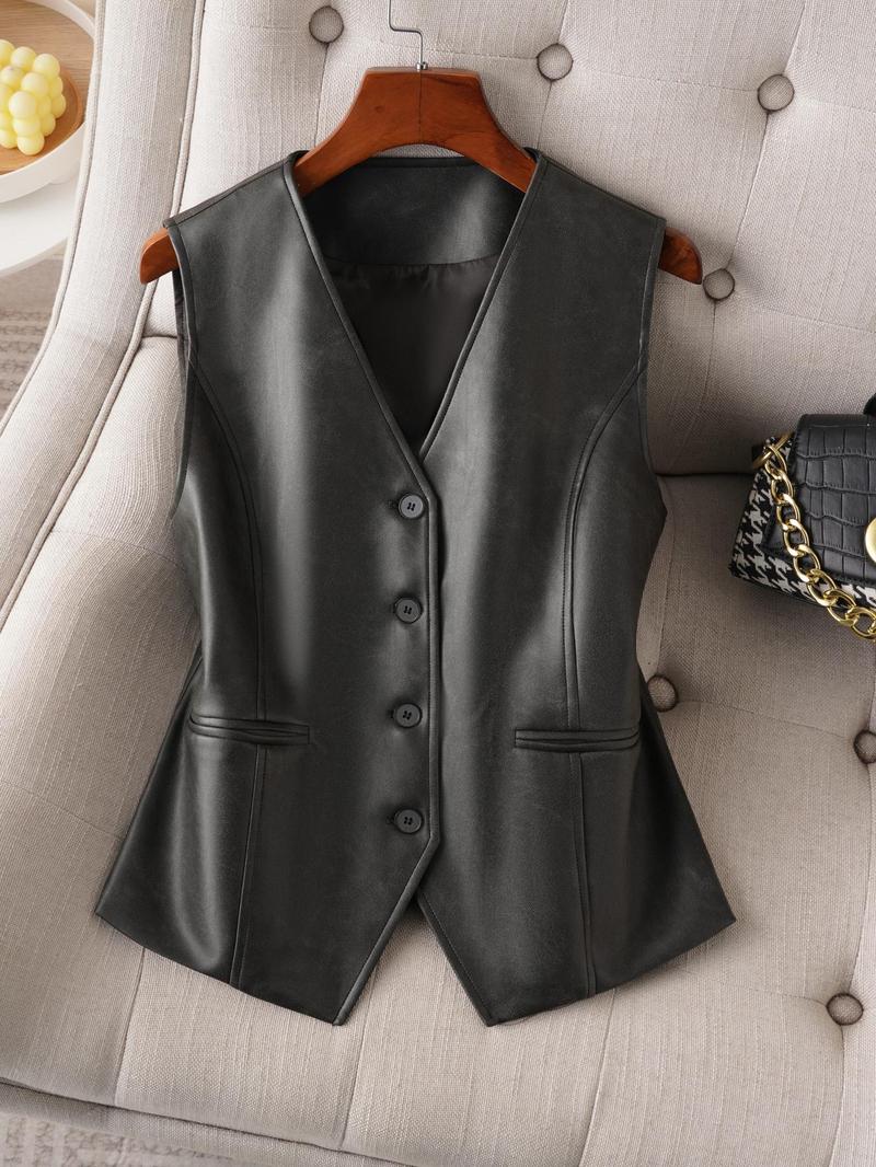 Product Introduction of Women's Solid Color Button Front Pu Leather Vest, Fashion Casual V Neck Outerwear for Work Office Business, Ladies Spring & Fall Clothes 1