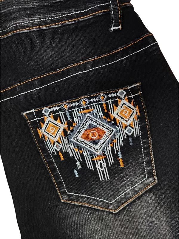 Women's Vintage Embroidering Design Button Fly Pocket Jeans, Casual Fashion Trousers for Daily Wear, Valentine's Day Gift, Ladies Bottoms for Fall & Winter 5