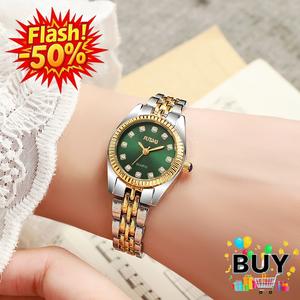 นาฬิกาควอทซ์สำหรับผู้หญิง สายเหล็ก หน้าปัดประดับเพชร เลขโรมัน นาฬิกาสแตนเลส ของขวัญสุดหรู สีเขียวทอง ควอตซ์ นาฬิกา สวยๆ