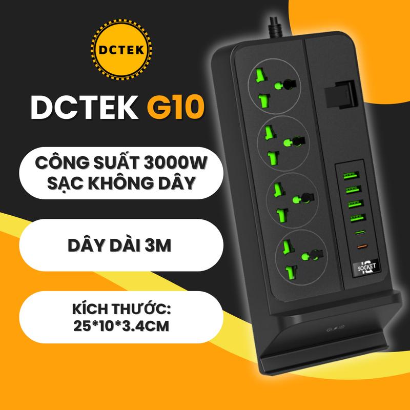 Ổ cắm điện đa năng DCTEK tích hợp sạc không dây cổng USB TypeC chịu tải 3000W Nhựa PC chống cháy chống giật, dây nối dài ( plug goneo vn thông minh gắn tường)