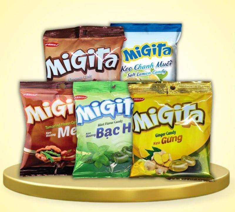 Túi nhỏ 70gram Kẹo Cứng Migita Bibica - Vị Quế Bạc Hà Chanh Muối Gừng Me