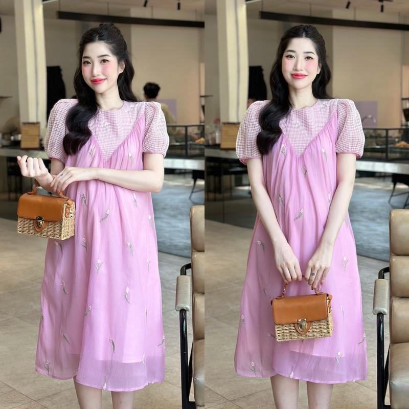Đầm bầu Vera voan tơ tay phồng phối ren tiểu thư nhẹ nhàng 3