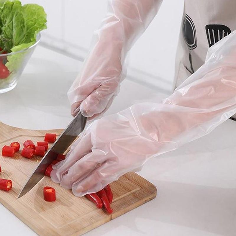 Product Introduction of 10pcs/bag Disposable Arm Guard Gloves Kitchen Household Cleaning Waterproof Elastic Drawstring Lengthened PE Long-Arm Gloves 17