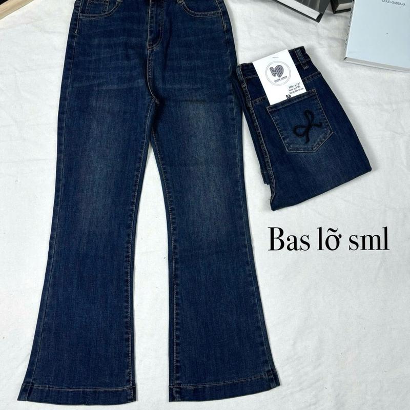 Quần jean lỡ 9 tất lai 3 phân thêu nơ túi xinh xắn, chất vải co giản lưng cao tôn dáng quần  ống