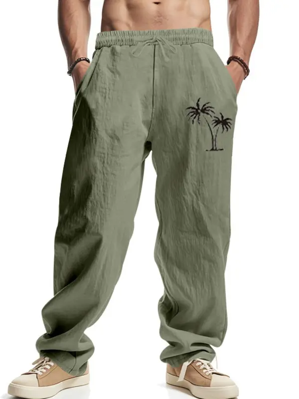 Men's Coconut Tree Print Linen Pants, Regular Fit Casual Comfy Breathable Wide Leg Trousers for Beach Vacation Holiday, Men's Bottoms for Summer, Menswear 6