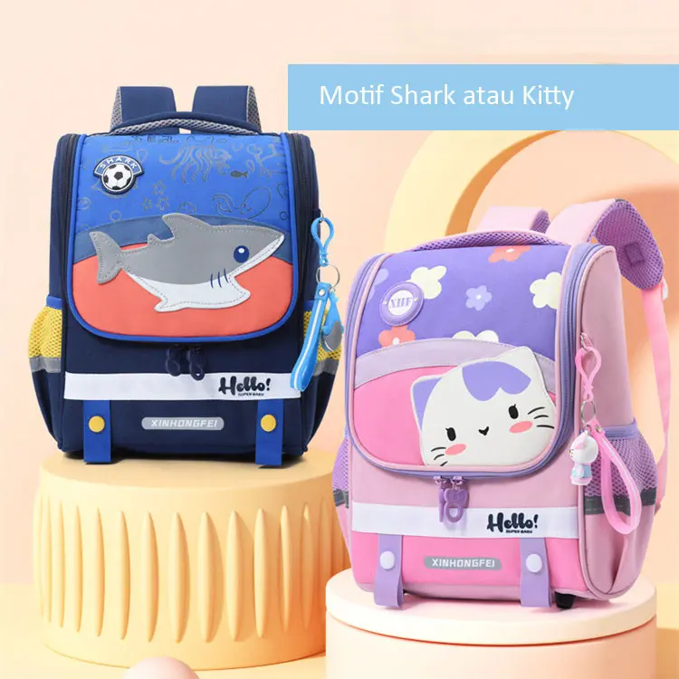 Tas Ransel Motif Fashion Anak TK Kitty & Shark Ukuran 32cm Free Gantungan  | 0609 Kivaro 0