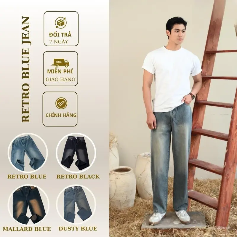 [VIỆT MINH] Quần Jean Nam Ống Suông Rộng Màu Xanh Wash Phong Cách Retro Menswear PantsJBGWTG Phiên bản cao cấp Version 2