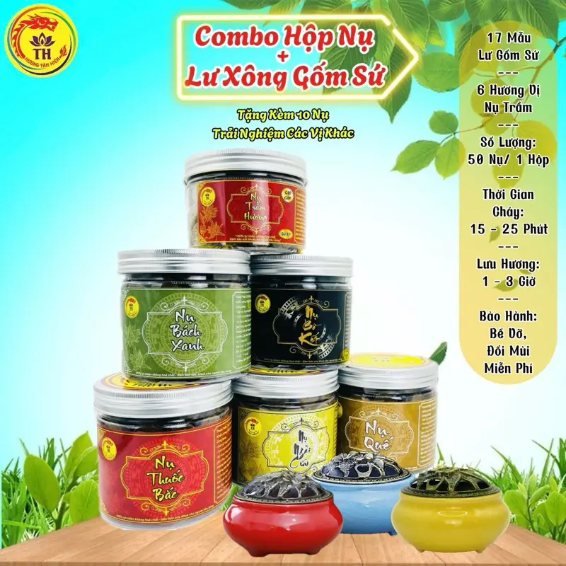 Trầm Hương Cao Cấp, Trầm Nụ Thảo Dược 5 Hương Vị (Thuốc Bắc, Bồ Kết, Bách Xanh, Ngải Cứu, Quế), Combo 1 Lư Xông Cao Cấp Chọn Màu Hợp Mệnh + 1 Hộp Trầm Nụ 50 Viên(200gram) | Hương Tâm Hiền Dầu Thơm Phòng
