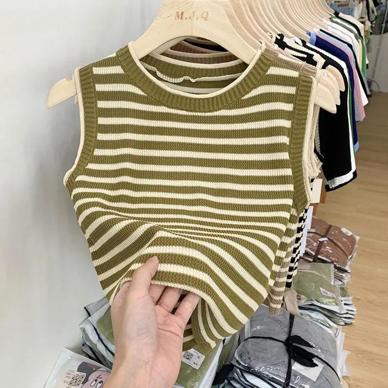 Áo Vest Dệt Kim, Dây Đeo Spaghetti Sọc, Vừa Vặn Bên Trong, Dáng Rộng Vừa Vặn, Có Thể Mặc Ngoài Trời, Chất Liệu Lụa Lạnh Thiết Kế Cắt Xẻ Áo Không Tay Ngắn