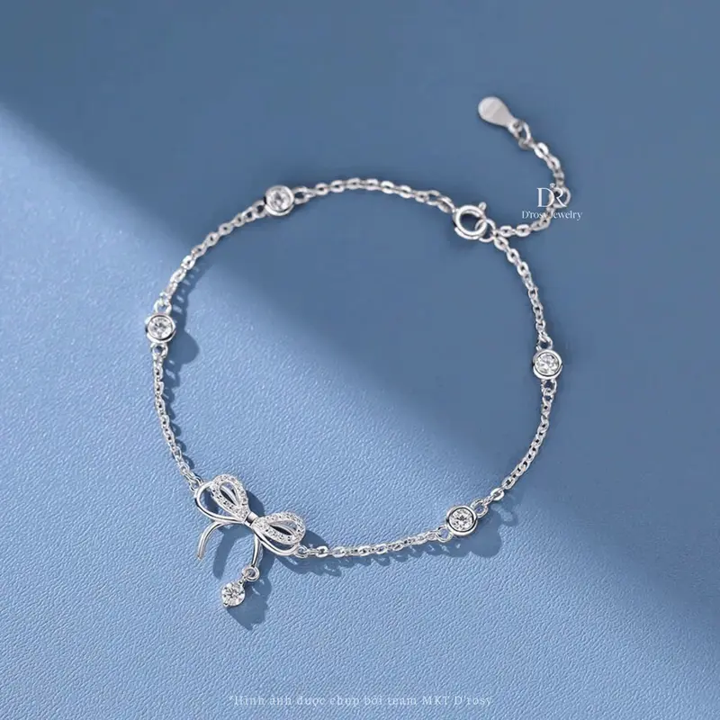 Lắc tay bạc nữ S925 D'ROSY nơ treo hạt đá nhẩy lấp lánh D'ROSY JEWELRY LT35 1
