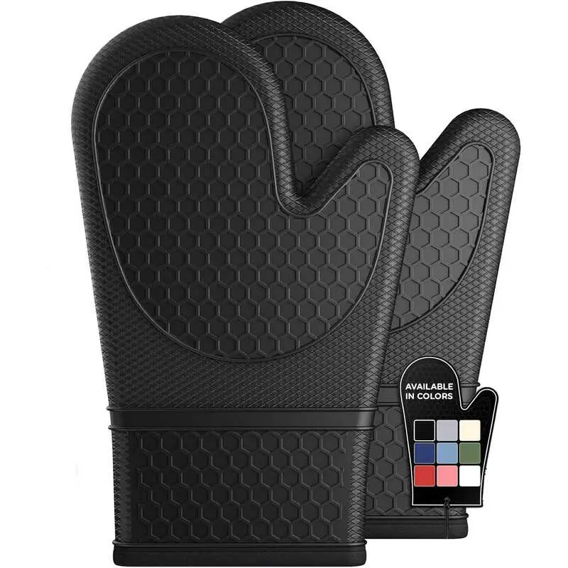 Kitsure Silicone Mitts Set of 2 Heat Resistant Oven Gloves with Soft ing Non Slip Kitchen Gadgets Apartment Essentials Great Gift for Cooking Baking Black Bakeware disposable  gloves food  gloves Fabric Hanging
