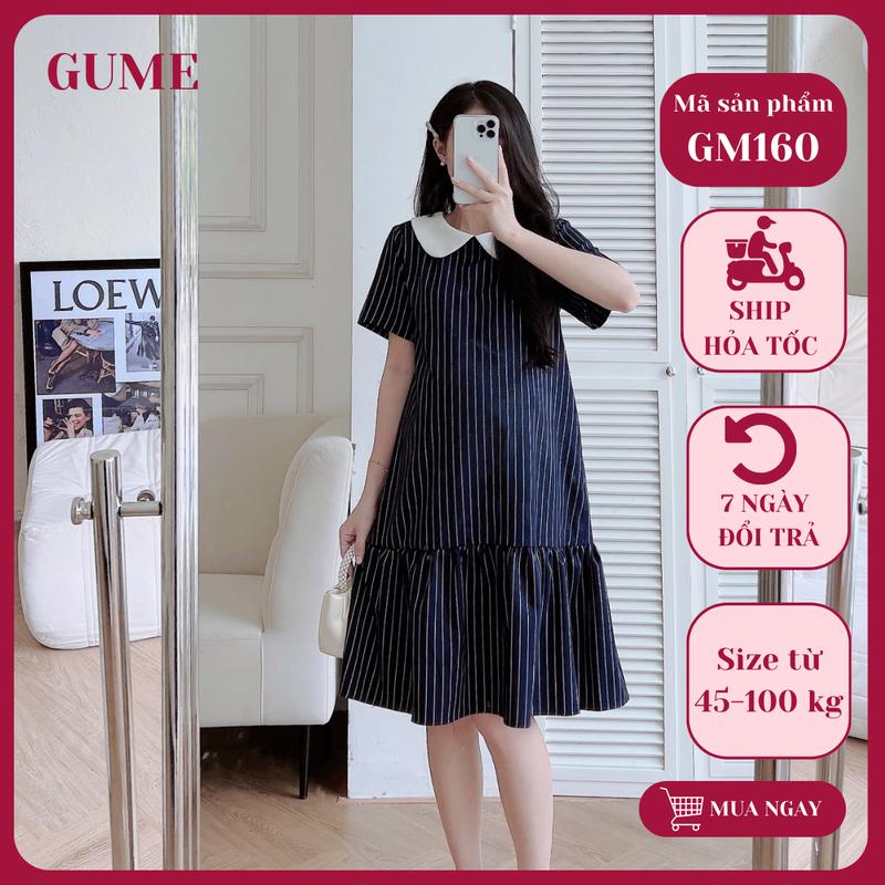  GuMe Váy bầu mùa hè bigsize đầm bầu công sở dáng suông mặc đi làm đi chơi xanh than kẻ sọc trắng GM160 