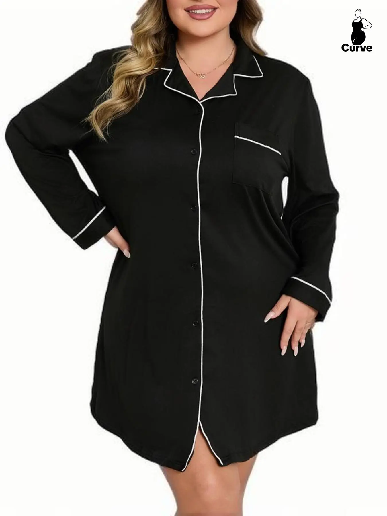 【Plus Size】 Women's Contrast Binding Pocket Design Button Front Lounge Dress, Casual Long Sleeve Lapel Neck PJ Dress for Women, Women's Sleepwear for All Seasons