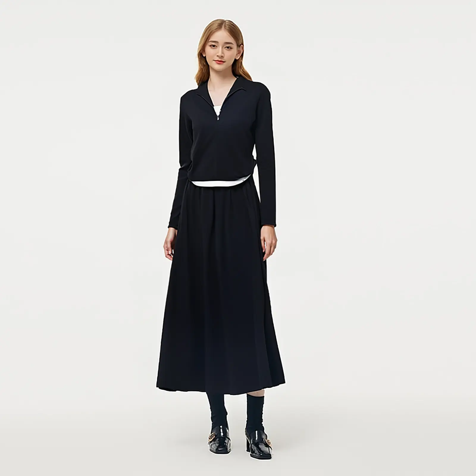 Lyocell Half-Zip Women Knit Long Sleeve Top And Skirt Two-Piece Set