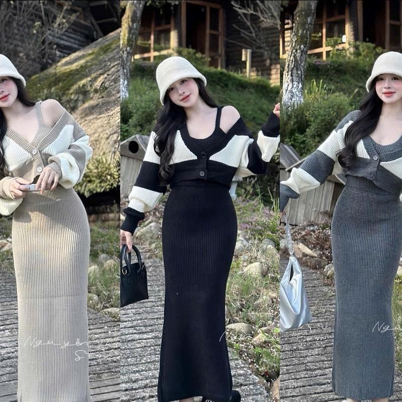 L171- đầm body thun gân đũa 2 dây phối áo khoác cố V tay dài croptop thích hợp 4 mùa (38-58kg)