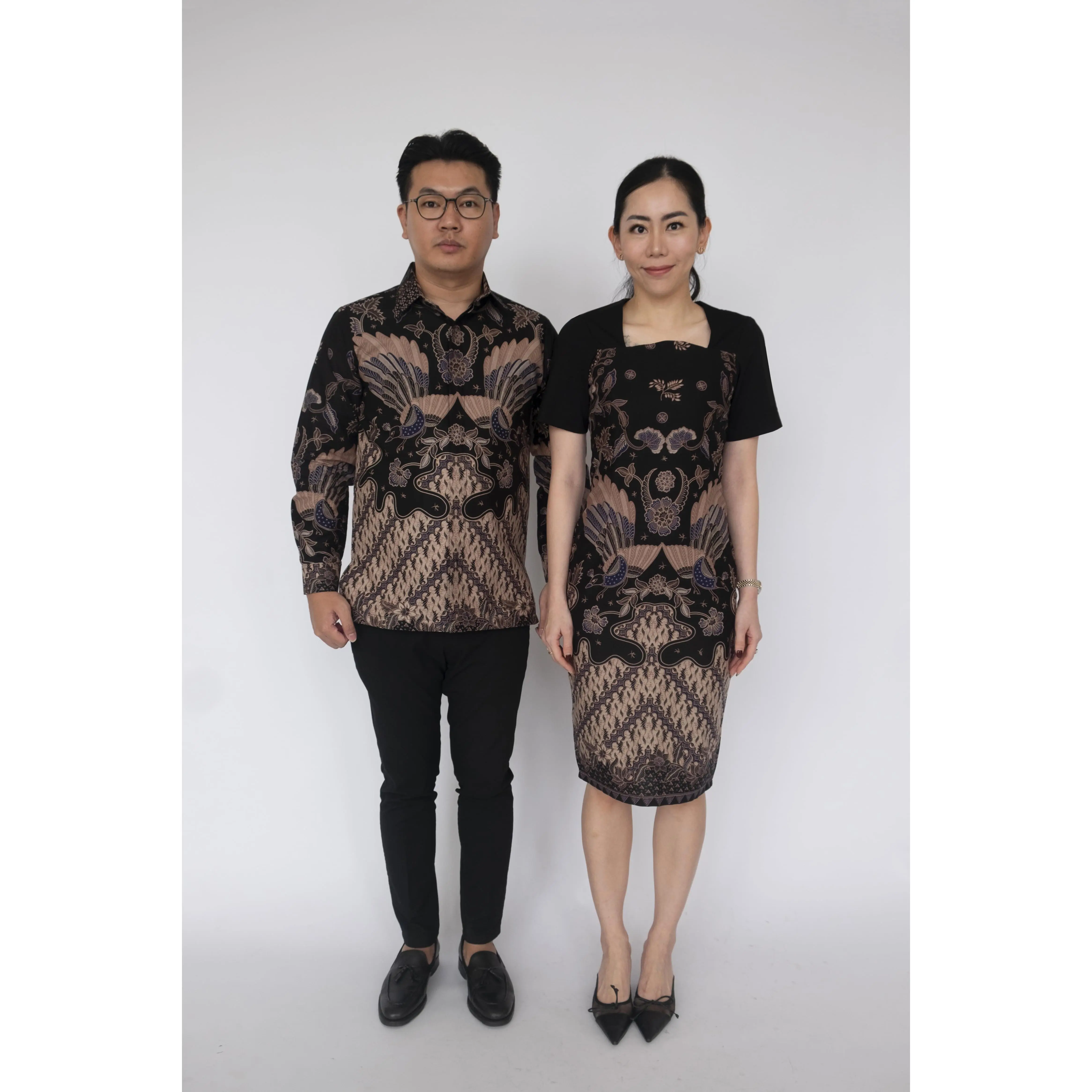 Tradiciobatik Sekar Couple Outfit Kemeja Pria Lengan Panjang dan Dress Midi Wanita Slim Fit Kekinian
