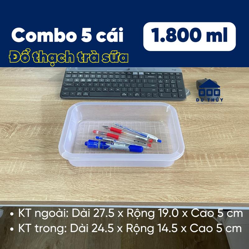 Khay nhựa chữ nhật trong suốt KHÔNG NẮP làm topping trà sữa, rau câu, thạch, khúc bạch 1800ml, kích thước 27.5cm x 19cm x 5cm-BỘ 5 CÁI