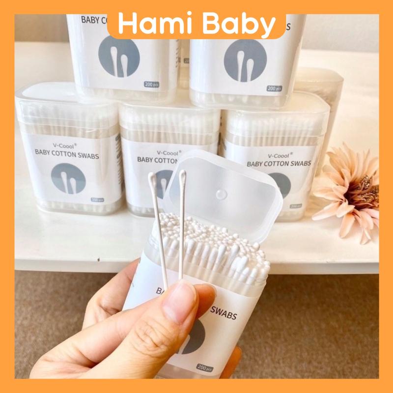 Tăm Bông cho bé sơ sinh và trẻ em Vcool, Bông Ngoáy Tai với 1 đầu dẹt và 1 đầu xoắn tiện lợi cho bé