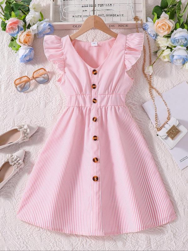 Girl's Striped Print Button Decor Ruffle Trim Dress, Casual Short Sleeve Collar Dress for Summer, Kids Clothes for Daily Wear 3