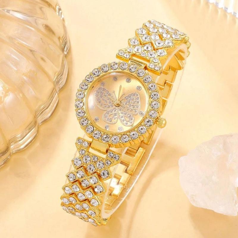 Bộ Đồng Hồ Nữ, 5 Chiếc, Kèm Bông Tai, Vòng Cổ, Vòng Tay Và Nhẫn, Thiết Kế Hình Bướm Độc Đáo Mới, Dây Thép, Đồng Hồ 5