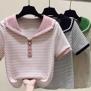Girls' Doll Collar Striped Short Sleeve Versatile Summer T-Shirt for Older Children, Stylish Color-Block Sweet Summer Top