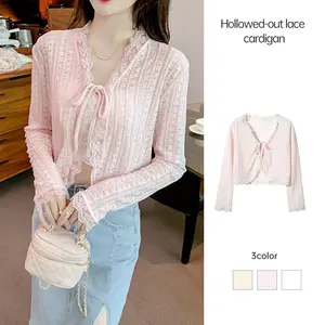 Cardigan Wanita Korean Cardigan Pendek Berlubang Rajut Renda Tali Pengikat Desain Lembut Tipis Manis Sweet Girl Kasual Sehari-Hari