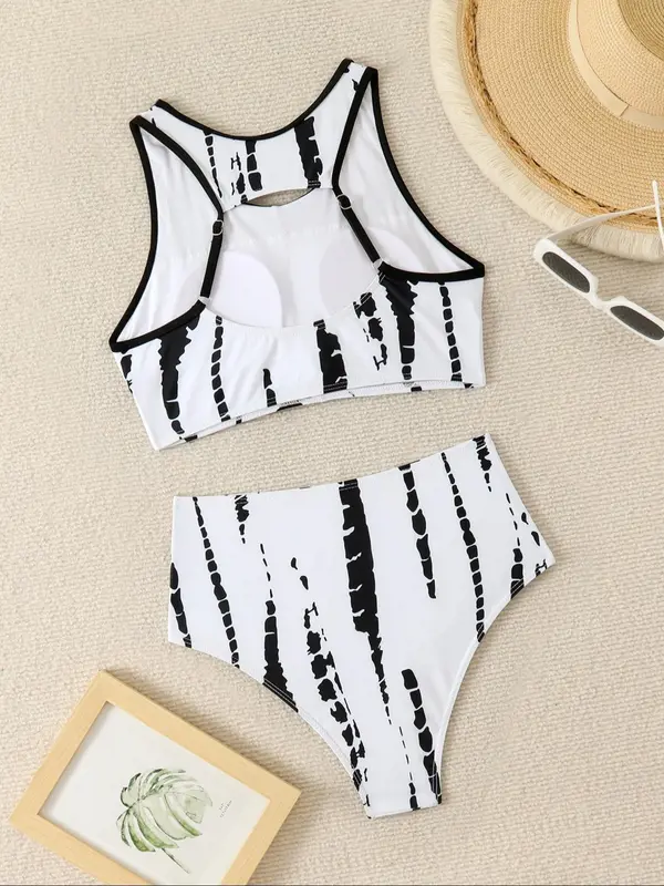 Two-Piece Set Women's Random Print Twist Cut Out Bikini Set, Casual Fashion Chic Swimsuit Set for Beach Holiday Vacation, Ladies Swimwear for All Seasons 1