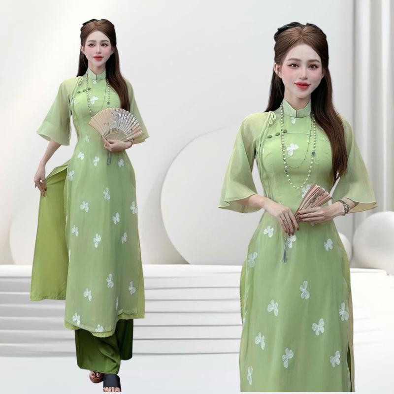 Set áo dài tết thiết kế CRAZYTEEN S5496 dành cho nữ gồm áo dài tay lửng có dáng eo và quần suông để đi chơi ( Áo dài/ Quần suông )