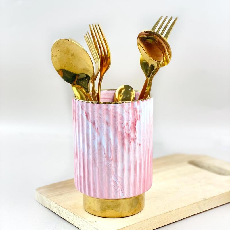 ASHOME tempat sendok keramik marble dengan list gold beruk garis-garis elegant mewah/ tempat sikat gigi keramik marble list gold elegant/ gelas keramik  motif marble list gold elegant 5