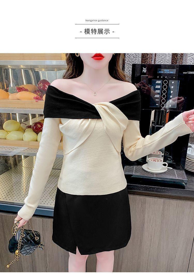 Product Introduction of Áo Lớp Nền Dệt Kim, Dành Cho Nữ, Thiết Kế Thắt Nơ Và Khối Màu, Hàng Mới Về Mùa Thu Và Mùa Đông, Áo Độc Đáo Áo Len Trễ Vai Màu Tương Phản Siêu Đẹp 10