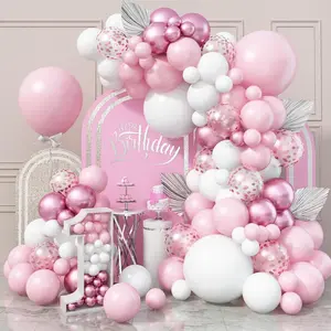 Balon Lengkung Warna Pastel Pink Putih Metalik untuk Dekorasi Pesta Ulang Tahun Baby Shower Pembaptisan Anak Perempuan Dekorasi Balloon Arch Garland