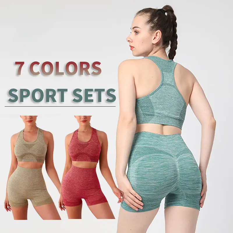 2 Piece Set Sportwear Seamless Yoga Set Running Shockproof Sports Bra Stretch Shorts Gym Suit Quick Dry Tank Top Cycling Shorts