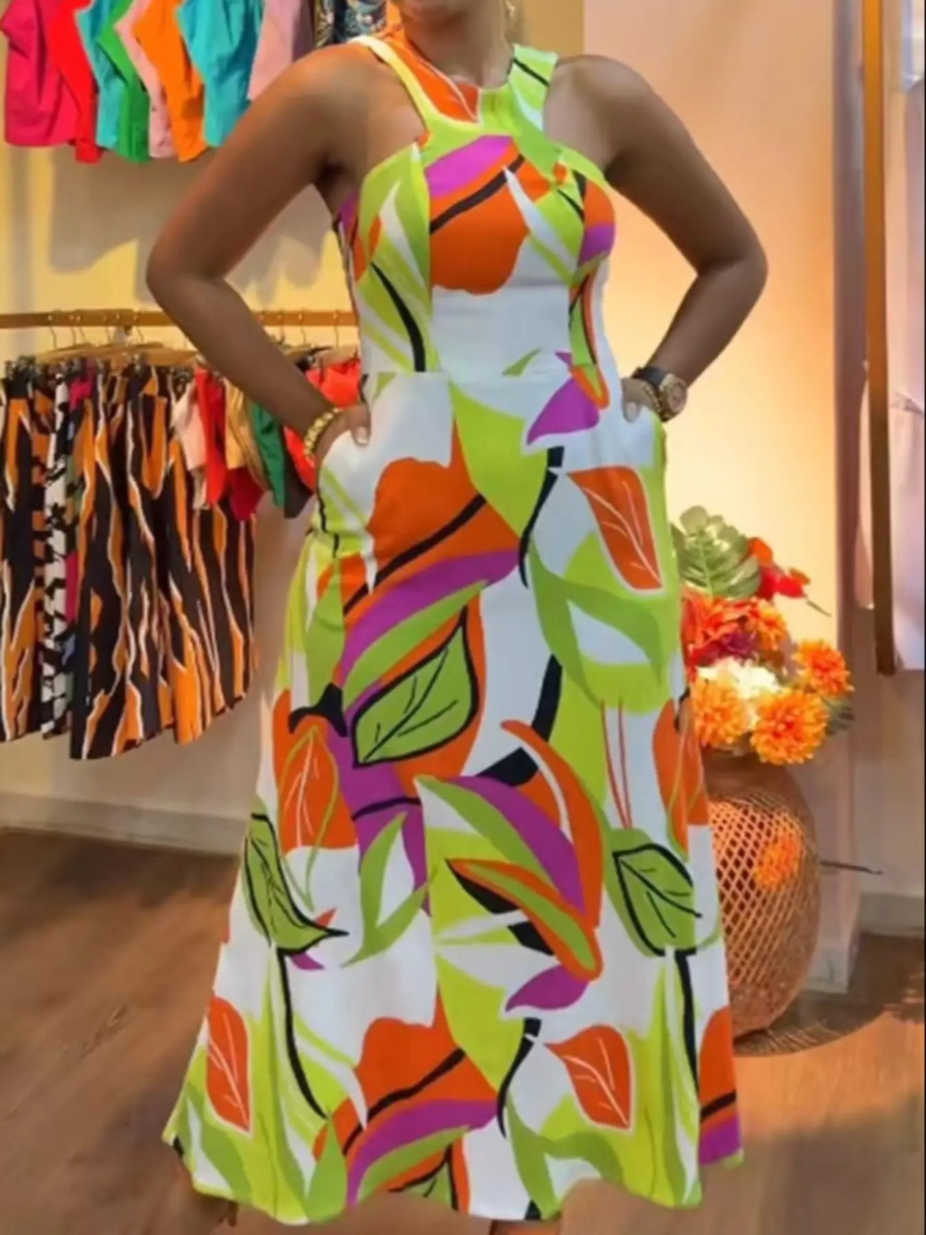 Women's Random Leaf Print Pocket Zipper Cami Dress, Casual Sleeveless Round Neck Long Dress for Beach Holiday Vacation, Ladies Clothes for All Seasons