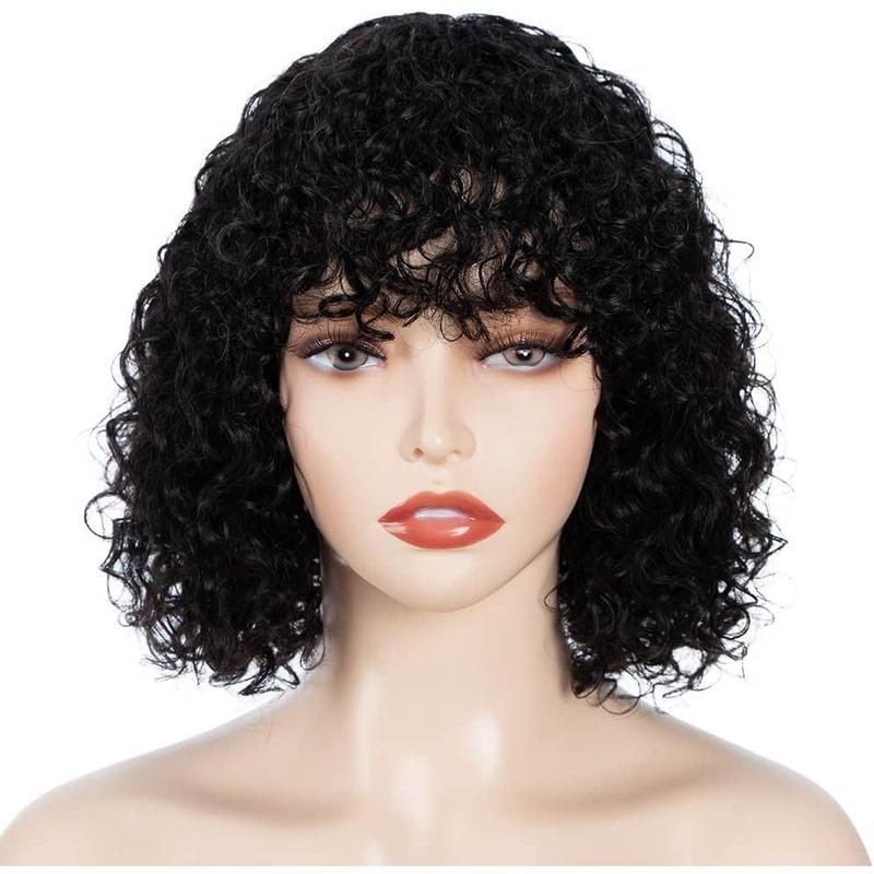 Local shipping-Fashion Idol Bob Curly Human Hair Wigs with Bangs Jerry Curl Bob Wigs Human Hair Brazilian Virgin Human Hair None Lace Front Wigs for Women Machine Made Black Wigs 10Inch 6