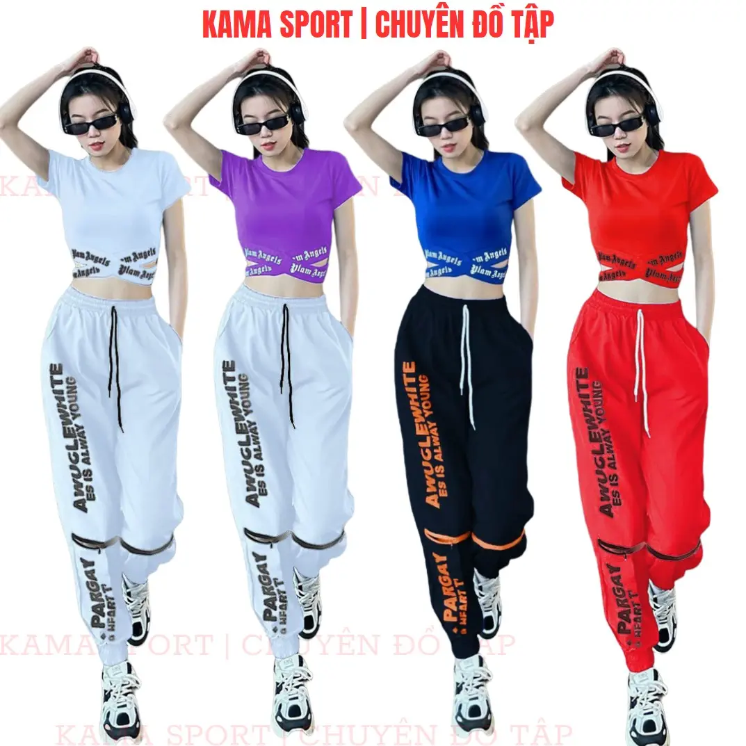 Bộ quần áo tập gym nữ PG gồm quần jogger chất gió và áo croptop chất thun mềm mát, thoải mái, thoáng khí tập gym, nhảy zumba, nhảy aerobic, mặc đi chơi Sport Tập Thể Dục