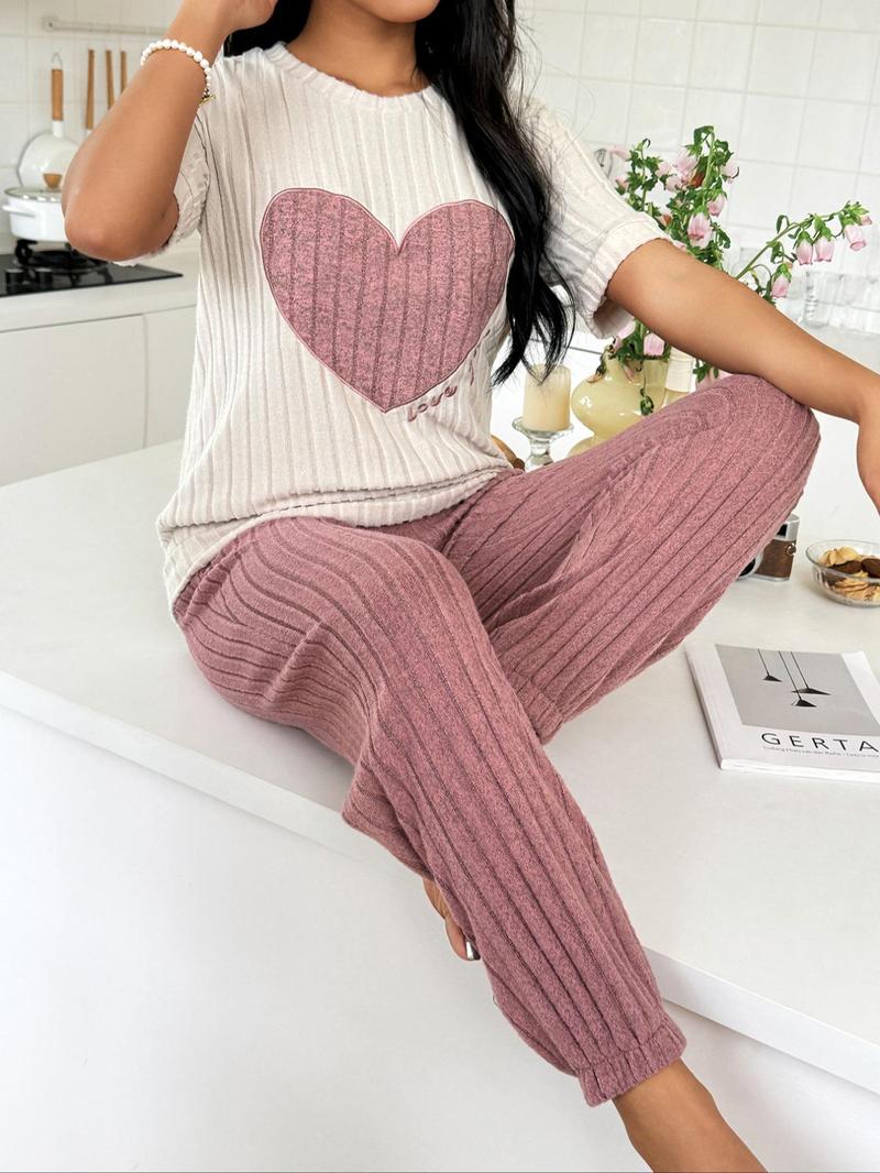 Product Introduction of Women's Love Print & Letter Embroidery Shortsleeve Top & Elastic Waist Pants Pyjama Set, Summer Sets, Valentine's Day Lady Comfortable Round Neck Short Sleeve Tee & Ribbed Trousers Pj Set, Sleepover Supplies for Girls, Gift for Her Loungewear Pajamas 1