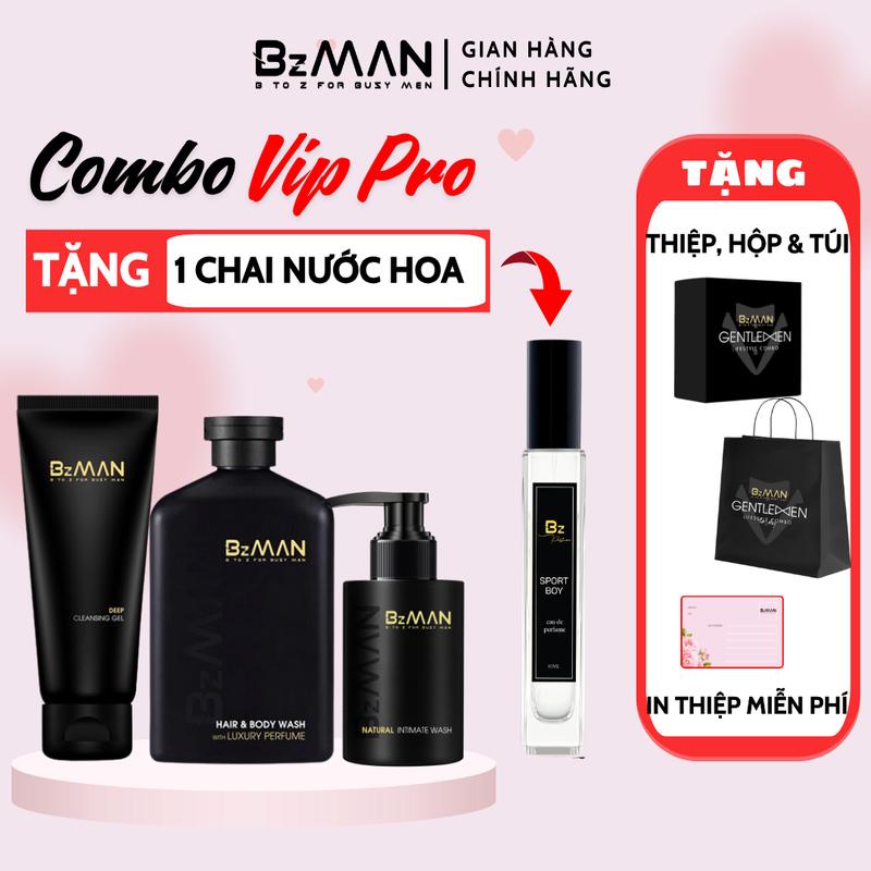 [TẶNG 1 Chai Nước Hoa] x [IN THIỆP MIỄN PHÍ] Combo VIP PRO BzMAN Nam Tính: Bộ Sữa Tắm Gội Hương Nước Hoa 3 in 1 Cao Cấp 320ml, Sữa Rửa Mặt Nam 100ml & Dung Dịch Vệ Sinh Cho Nam 100ml