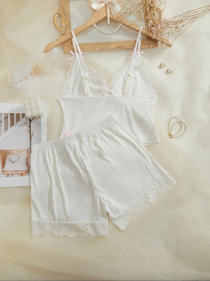 Product Introduction of Women's Plain Bow Decor Crop Cami Top & Lace Trim Shorts Pyjama Set, Casual Comfy Spaghetti Strap Camisole & Elastic Waist Shorts PJ Set, Ladies Sleepwear for All Seasons 5