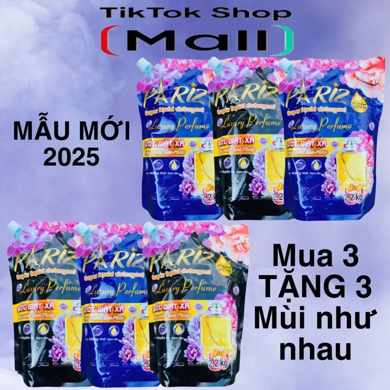 MUA 3 TẶNG 3 - Combo 6 túi Nước giặt xả Pariz hương nước hoa , giặt sạch , bền vải , thơm , tiết kiệm , 1 túi 2200ml