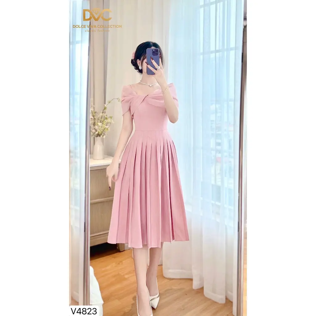 V4823 Váy đầm hồng xoè trễ vai tiểu thư, sang chảnh mặc đi chơi, dư tiệc , thiết kế cao cấp- CHÍNH HÃNG DVC