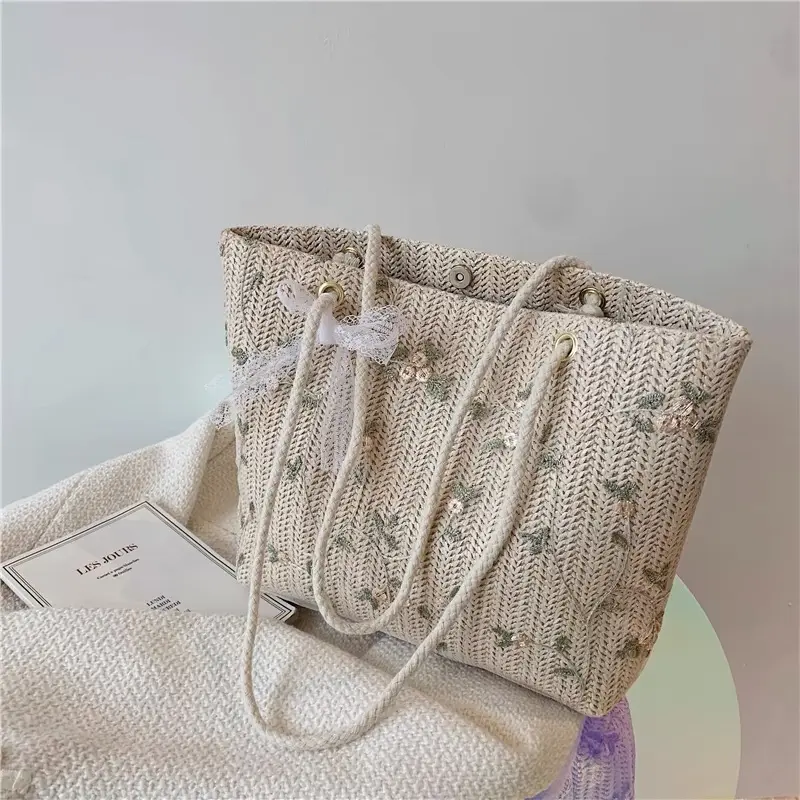 Túi cói tote phối ren thêu đựng đồ tiện dụng đi biển đi chơi