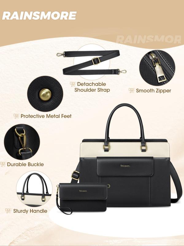 Women's Colorblock Laptop Bag & Wristlet, Fashionable Pu Leather Briefcase & Wristlet, Computer Bag for Office Travel 2